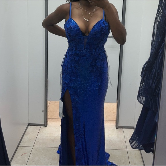 Blue Sequened Prom Dress, Floral Top, Open Back, Left Leg Slit - Picture 7 of 11